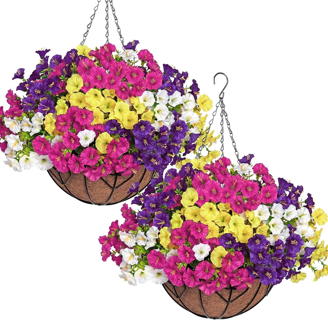 Artificial Hanging Flowers Plants Basket for Outdoors Indoor, 2 Set Faux Silk White Yellow Purple Fuchsia
